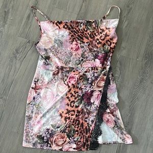 Missguided, pink floral leopard print, satin wrap, mini dress, size 12